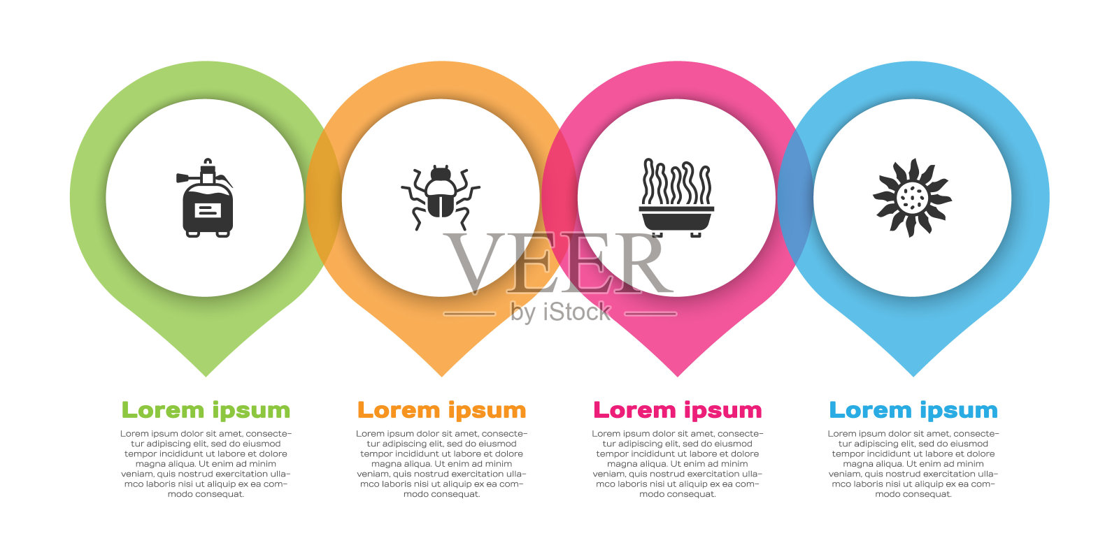 设置肥料喷雾器，瓢虫，盆栽和花卉。业务信息模板。向量设计模板素材