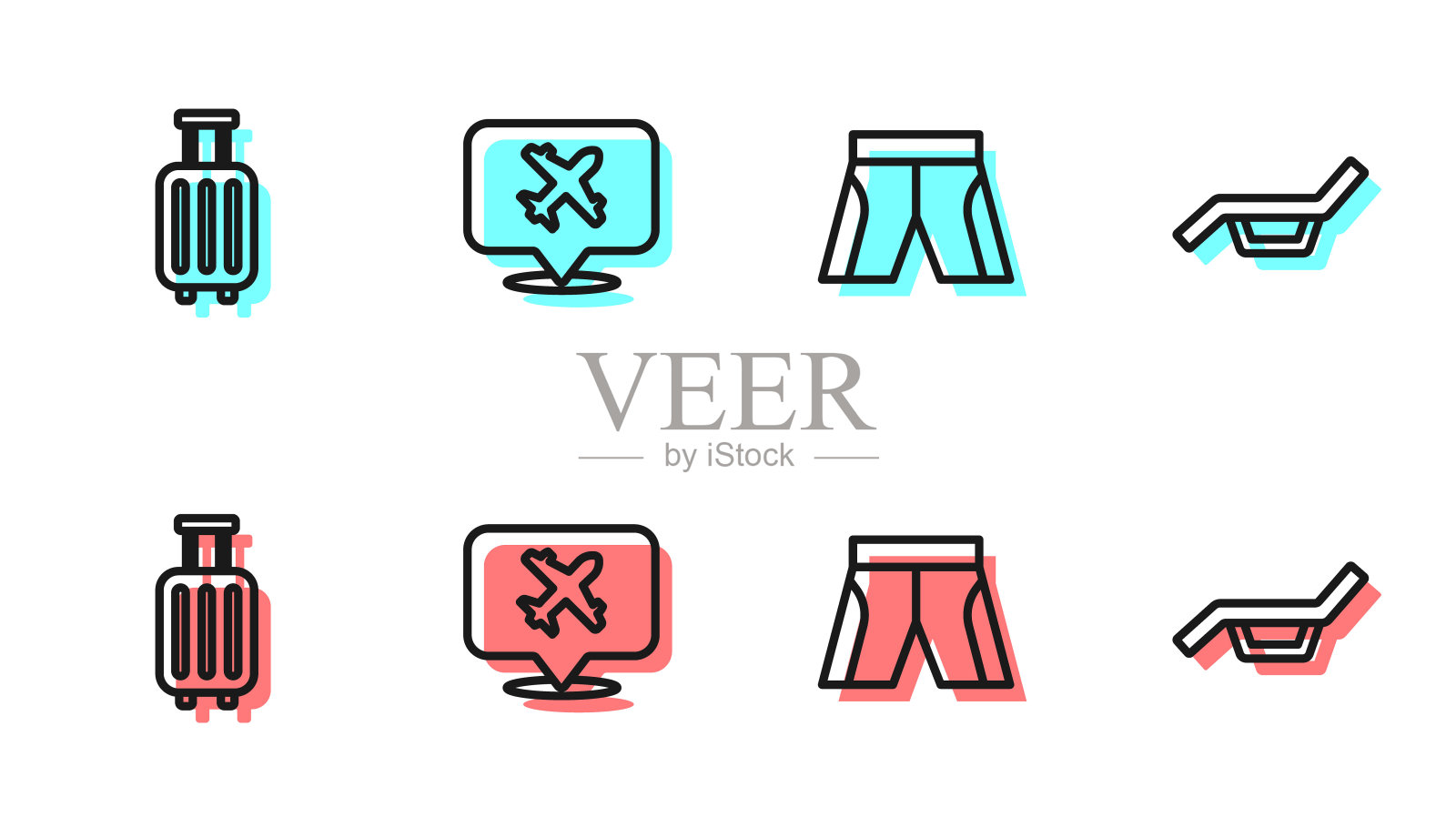 设置线短或裤子，手提箱，语音气泡与飞机和太阳床和雨伞图标。向量图标素材