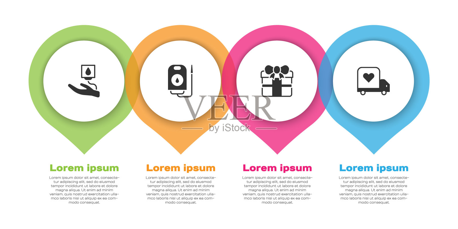 集献血、礼品盒、爱心送货车于一体。业务信息模板。向量设计模板素材