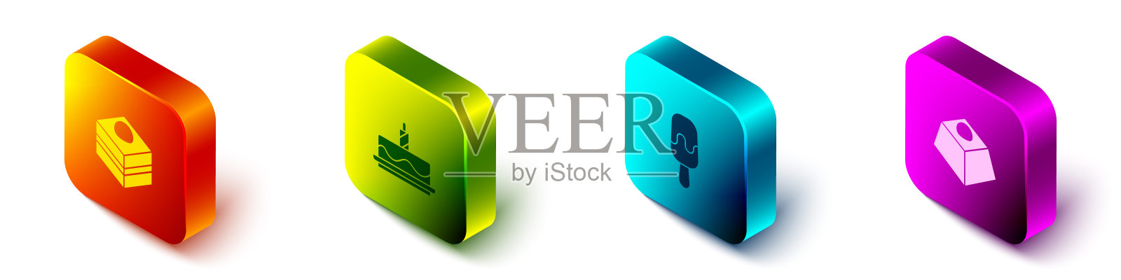 设置等距布朗尼巧克力蛋糕，蛋糕燃烧的蜡烛，冰淇淋和图标。向量图标素材