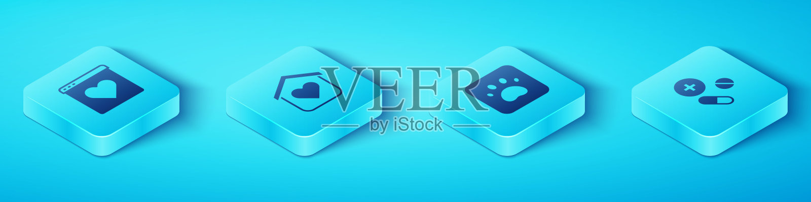 设置等距约会应用在线，收容所无家可归，药物药片和爪印图标。向量图标素材