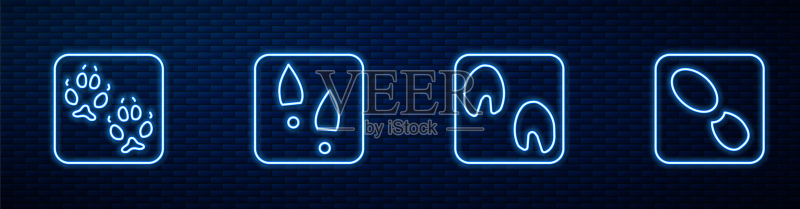 马爪脚印、狐狸脚印、鞋和人脚印。砖墙上闪烁的霓虹灯图标。向量图标素材
