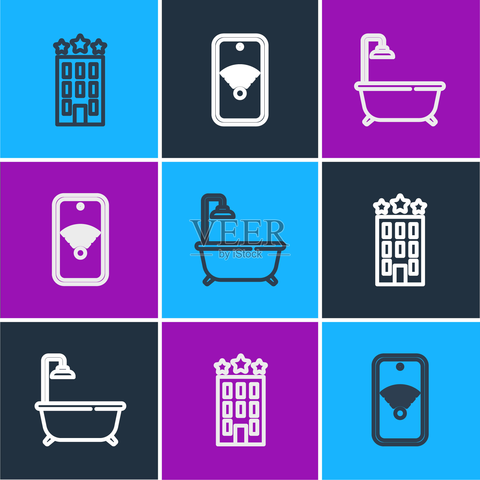 酒店建筑，带淋浴的浴缸和移动wi-fi无线图标。向量图标素材