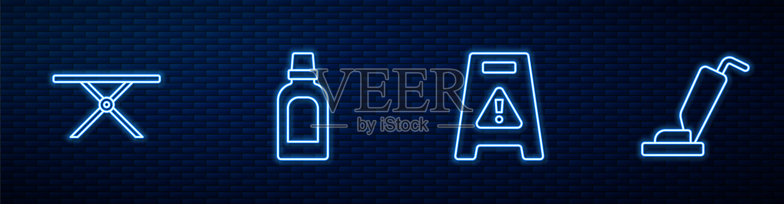 设置湿地板，烫衣板，清洗剂瓶，吸尘器。砖墙上闪烁的霓虹灯图标。向量插画图片素材