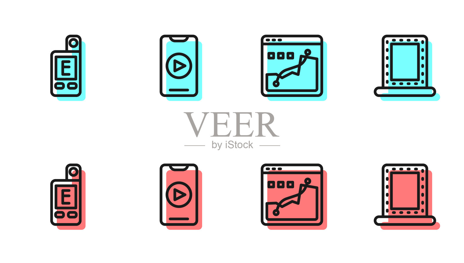 设置直线直方图摄影，灯光计，在线播放视频和彩妆镜与灯光图标。向量图标素材