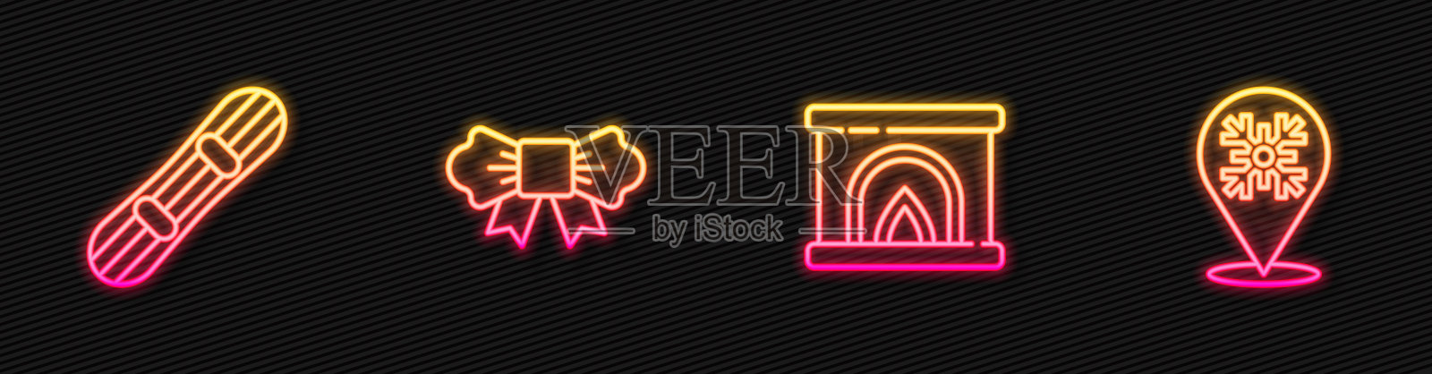 设置线室内壁炉，滑雪板，领结和雪花。发光的霓虹灯图标。向量插画图片素材