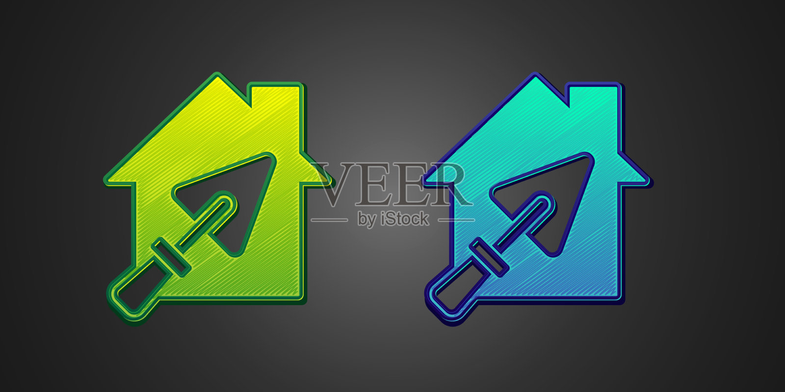 绿色和蓝色的房子或泥铲图标插画图片素材