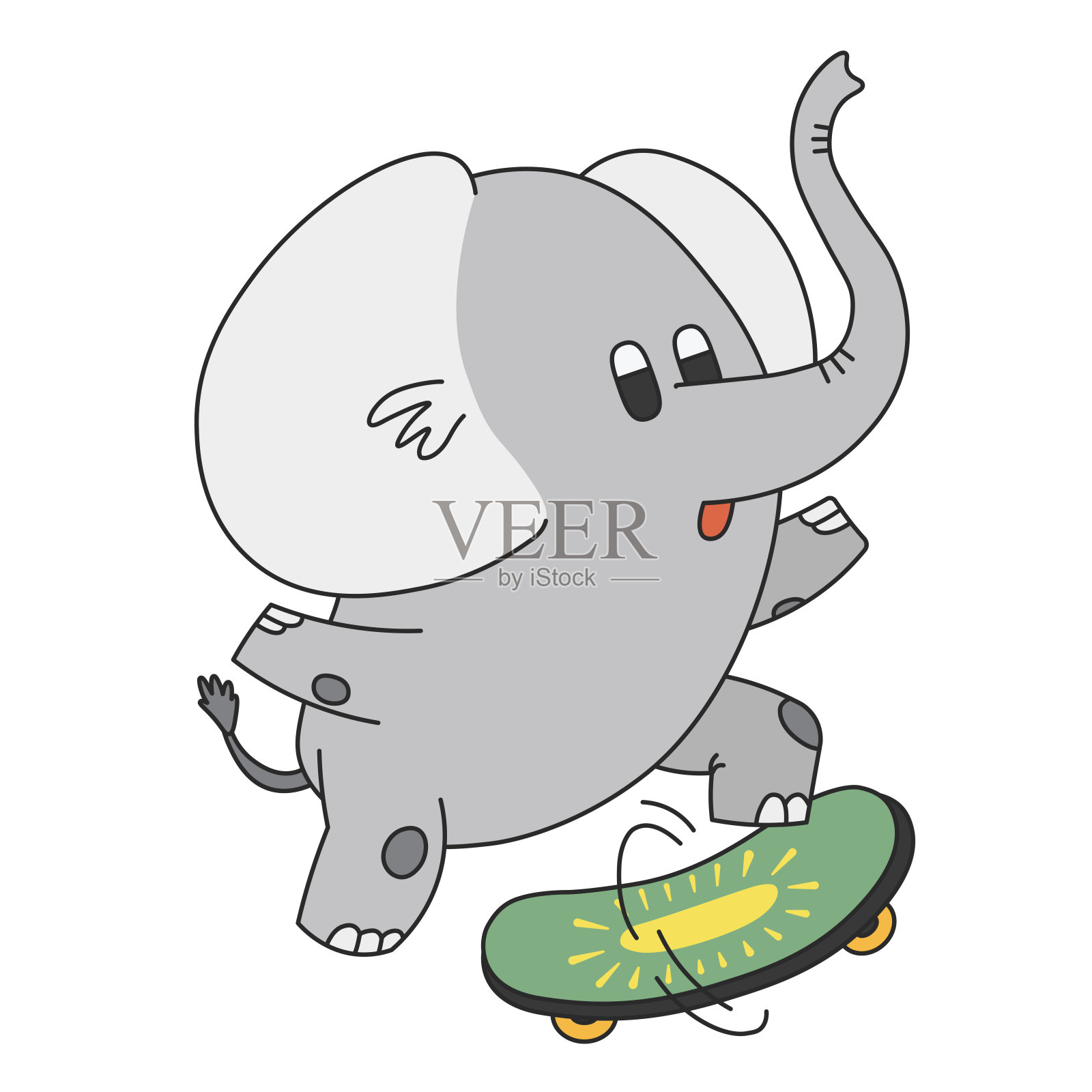 可爱的卡通大象玩滑板。一只有趣的灰色大象在玩滑板。矢量剪辑艺术插图在2D。手绘简单的风格。插画图片素材