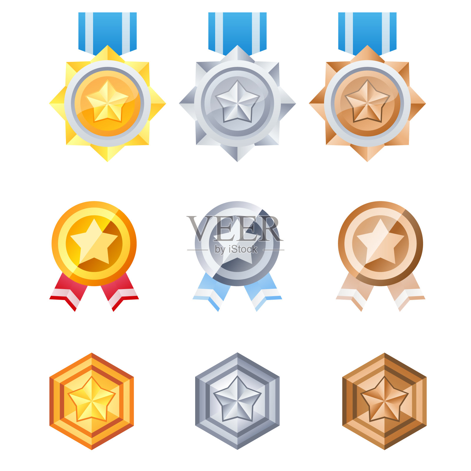 金、银、铜奖章图标设置插画图片素材