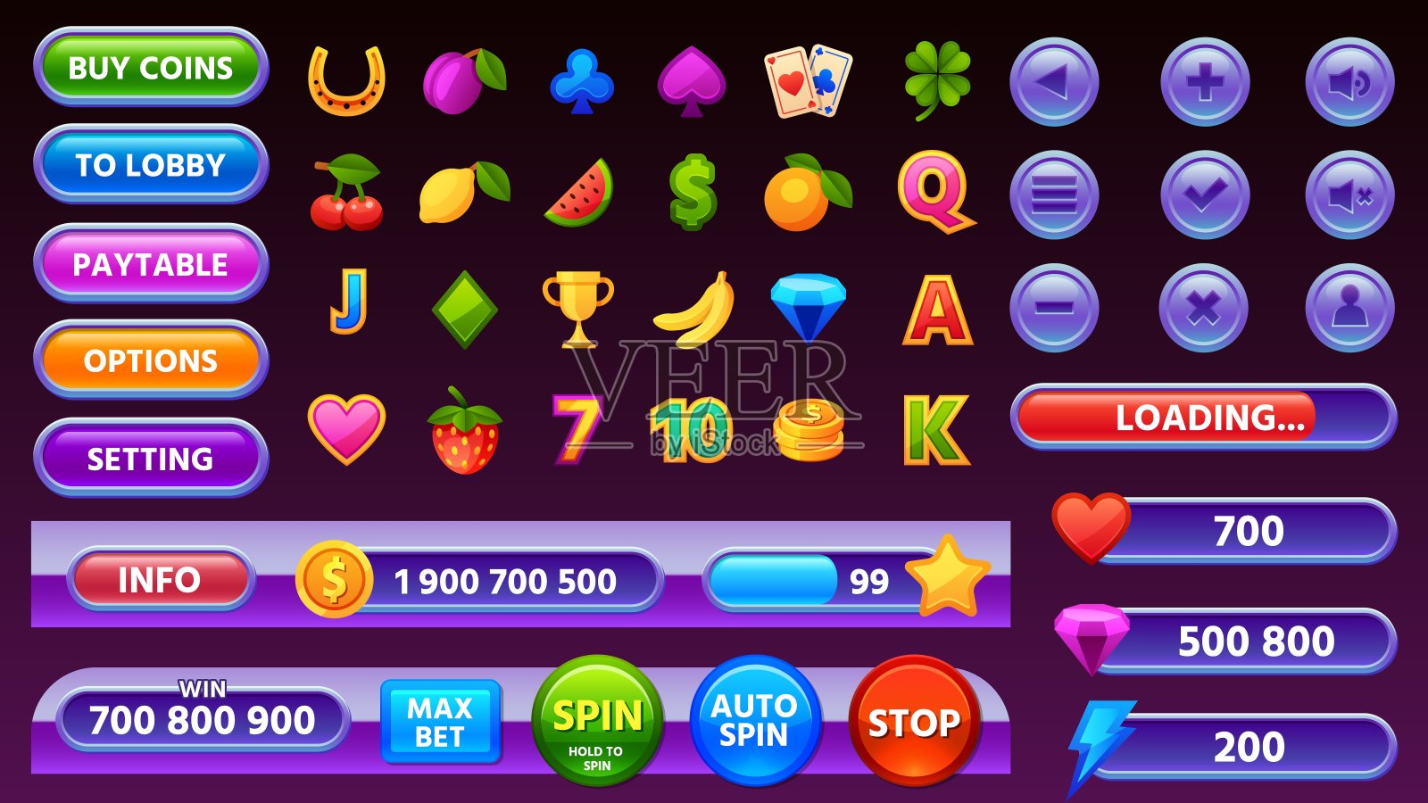 赌场游戏用户界面菜单、图标和按钮。卡通移动赌博老虎机的gui元素，进度条和硬币面板向量集图标素材