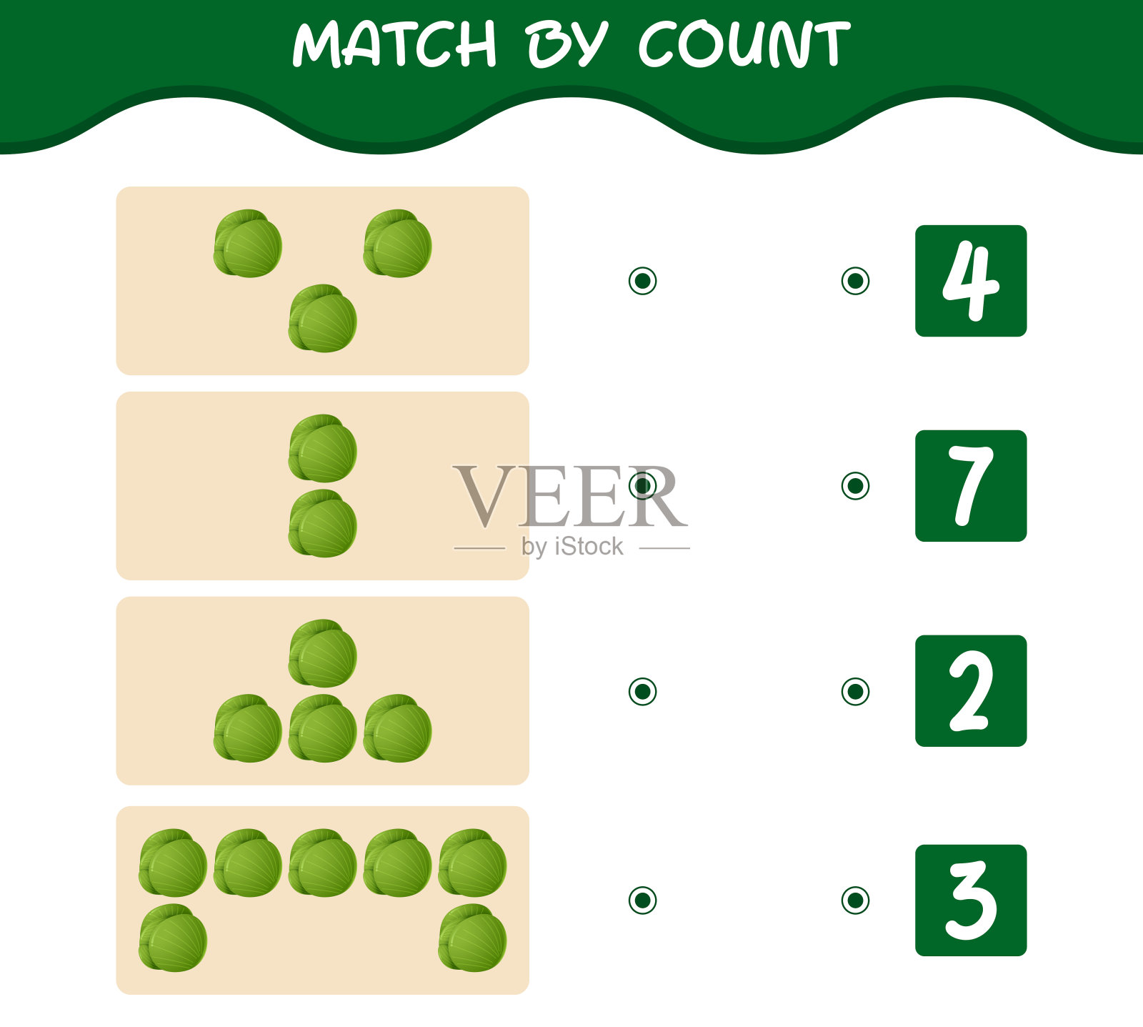 卡通青菜按数配对。比赛和计数游戏。教育游戏为学龄前儿童和学步儿童插画图片素材