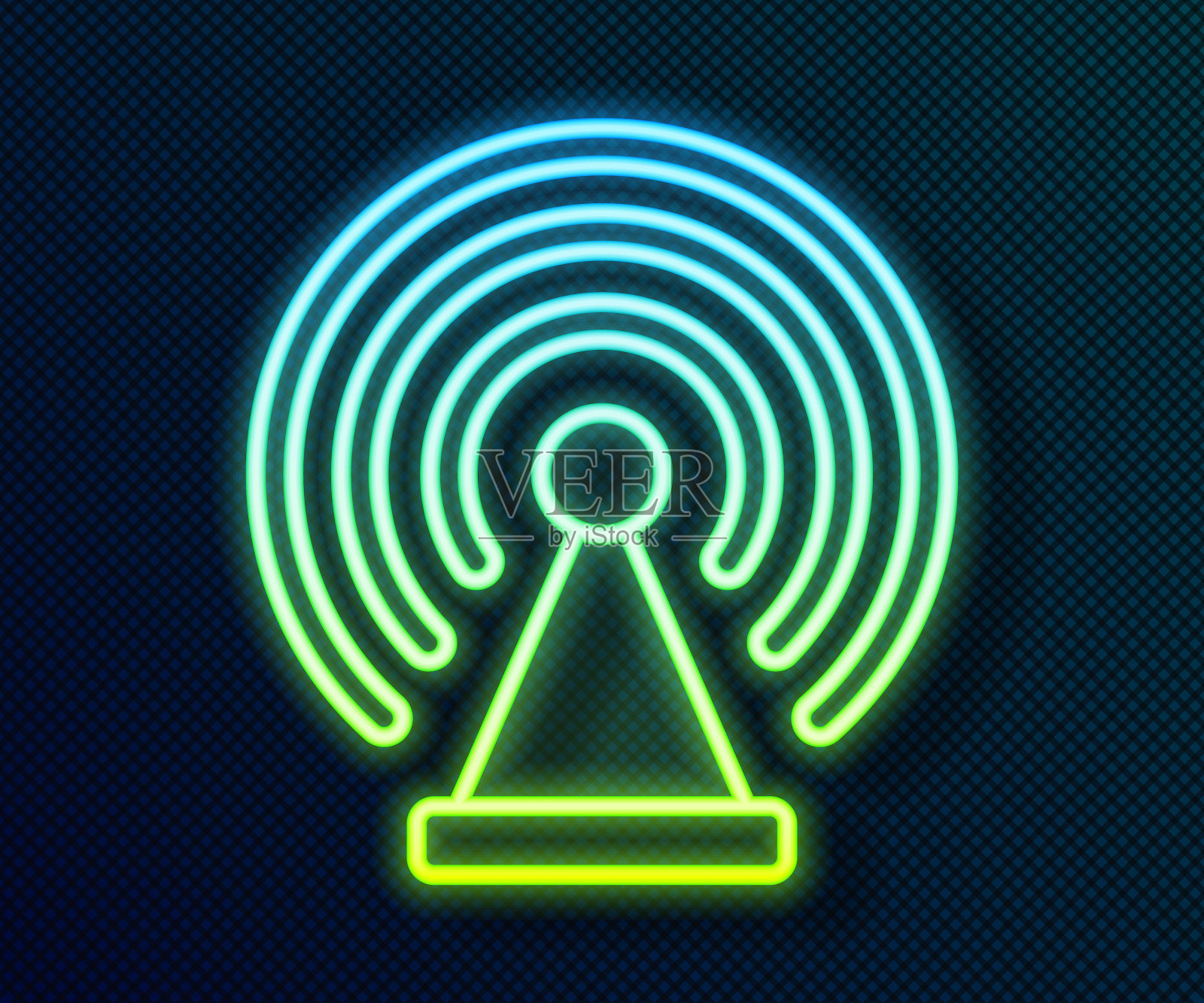 发光霓虹灯线雷达图标孤立在黑色背景。搜索系统。卫星信号。向量插画图片素材