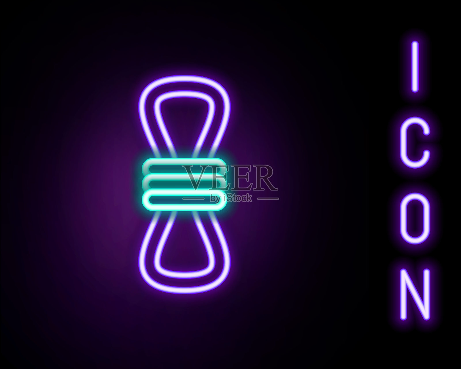 发光的霓虹灯线，攀岩绳图标孤立在黑色背景上。极限运动。运动设备。色彩斑斓的轮廓的概念。向量插画图片素材