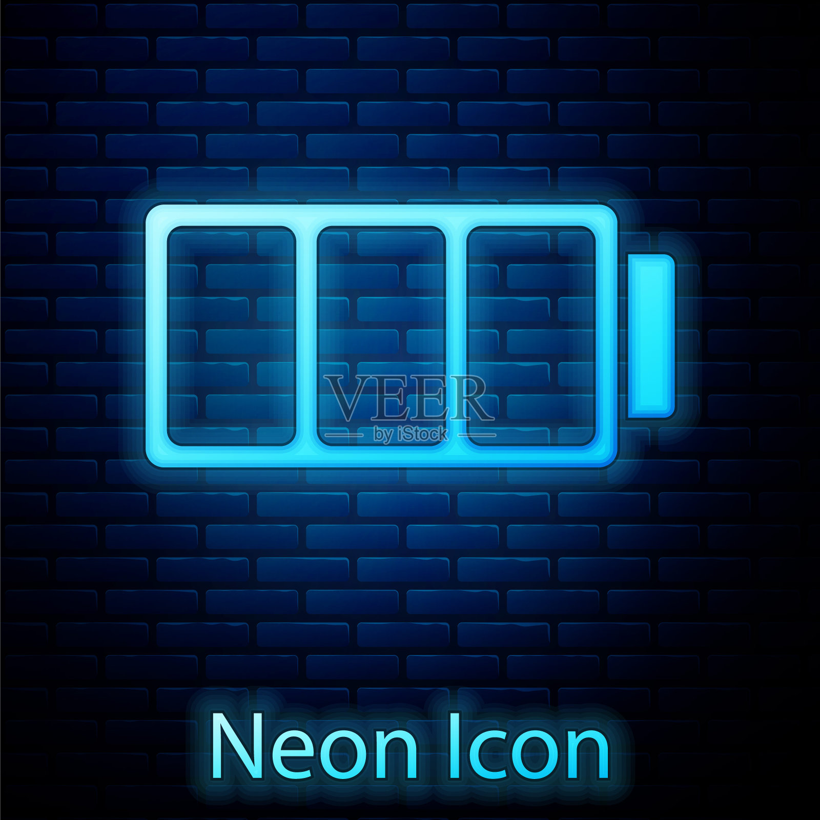 发光霓虹灯电池充电水平指示图标孤立在砖墙背景上。向量图标素材