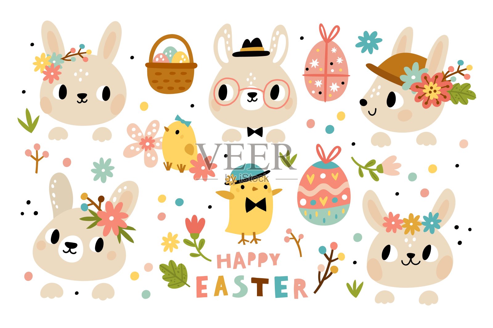 可爱的兔子头。有趣的兔子嘴花头冠和发带，小动物和小鸟，复活节春天假期。鸡和彩色的蛋。向量卡通孤立集插画图片素材