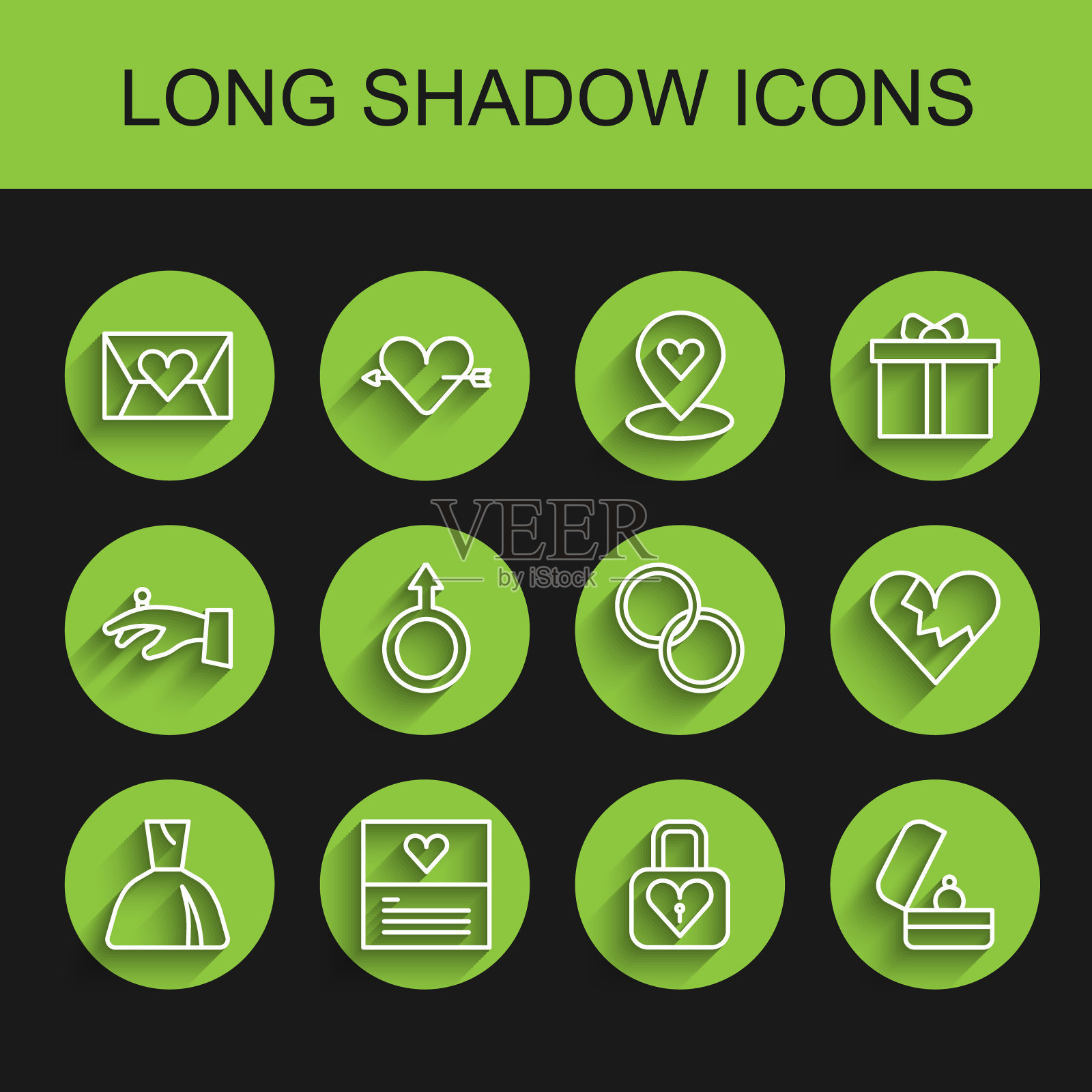 女装，贺卡，信封与情人节的心，锁和，结婚戒指，男性的性别象征，破碎或离婚和图标。向量图标素材