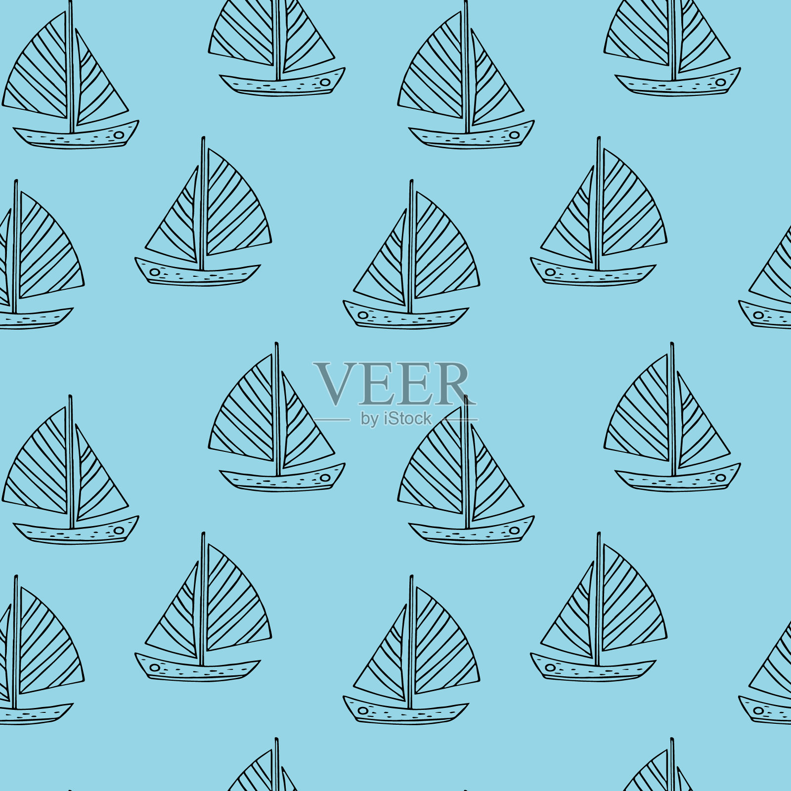 帆船无缝图案手绘涂鸦，矢量。线条艺术，北欧，斯堪的纳维亚，极简主义，单色。墙纸，纺织品，包装纸，背景。插画图片素材
