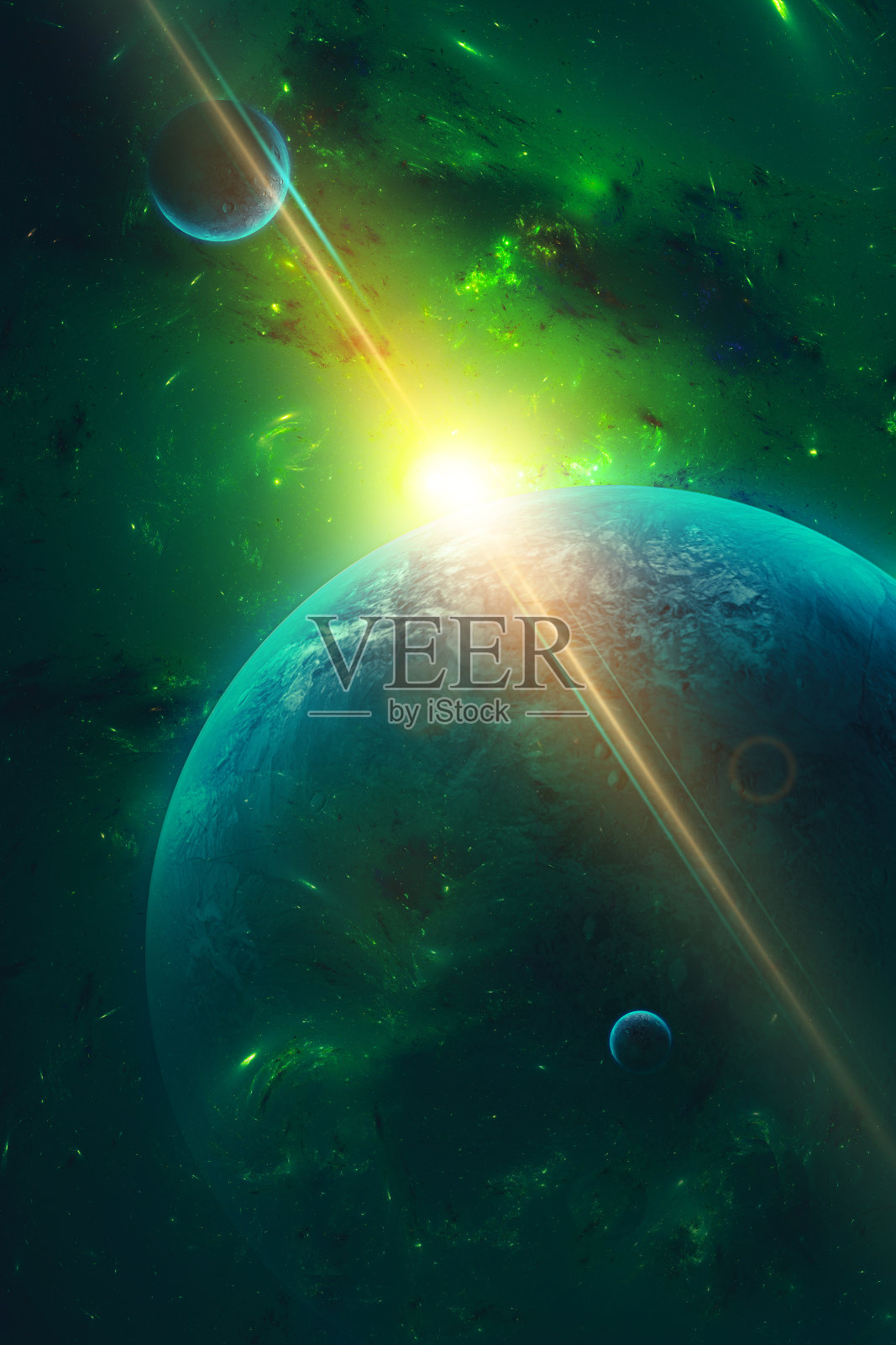 计算机生成的带有发光星云和行星的抽象空间场景照片摄影图片