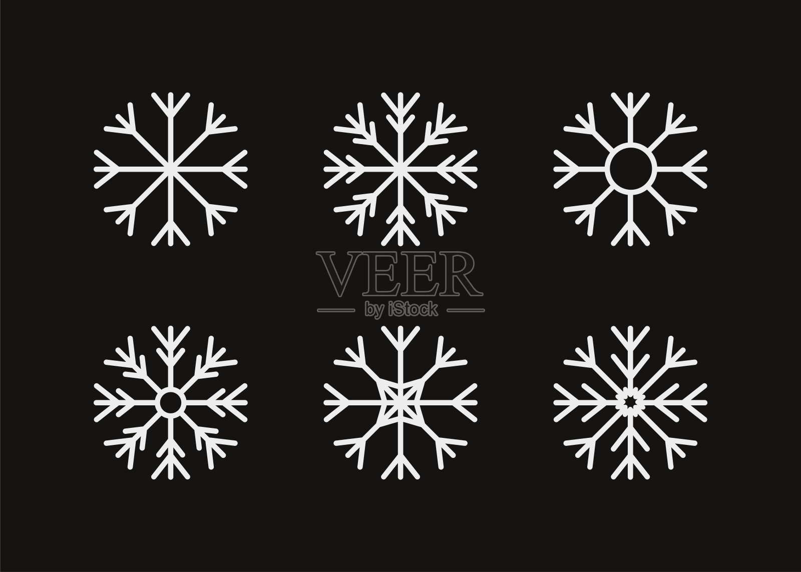 雪花冬季图标设置。六个白色的雪花。圣诞快乐。恭贺新年的装饰符号。圣诞工艺。雪花。冰冻的星形状。黑色背景。孤立。平面设计。插画图片素材