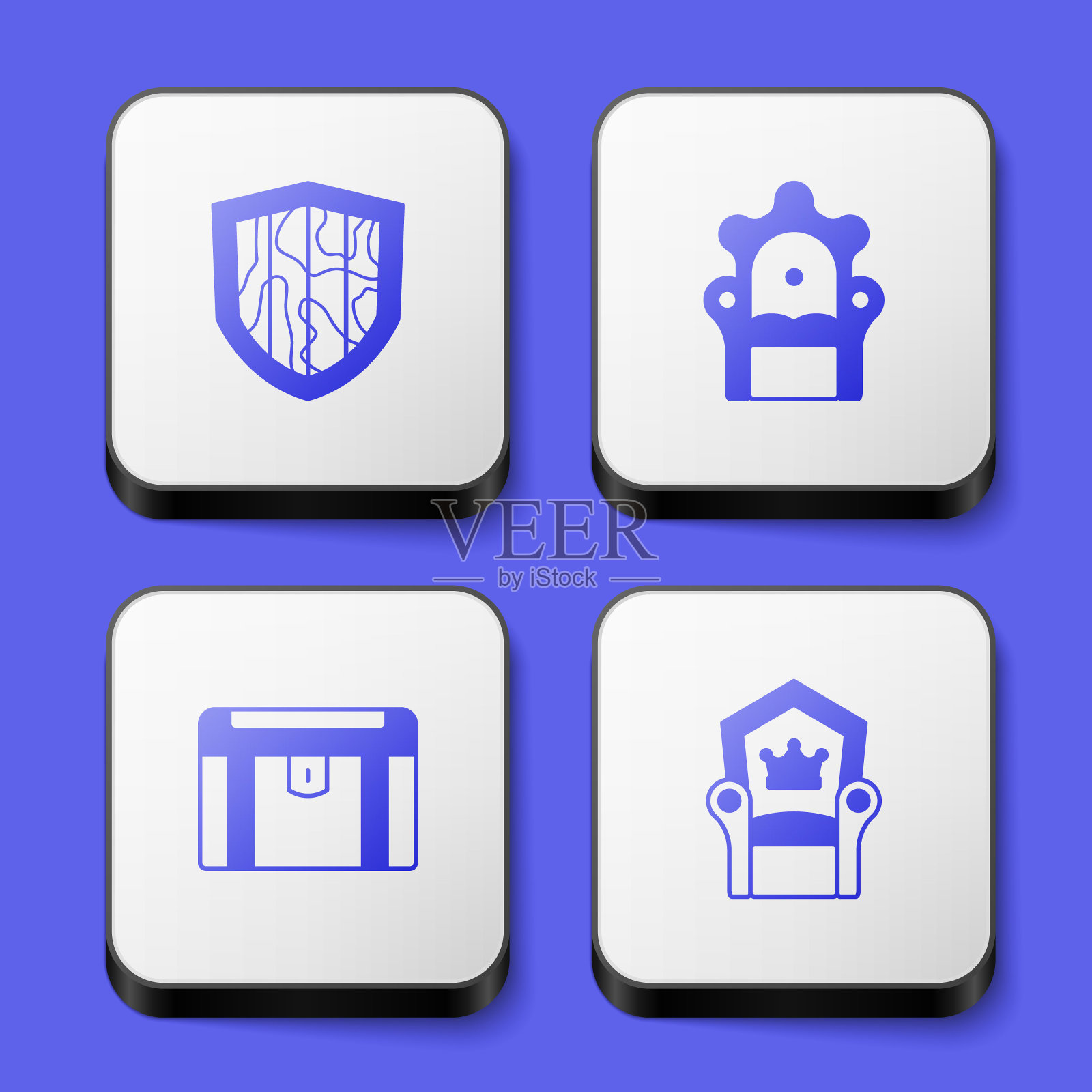 设置盾牌，中世纪王座，古董宝箱和图标。白色正方形按钮。向量图标素材