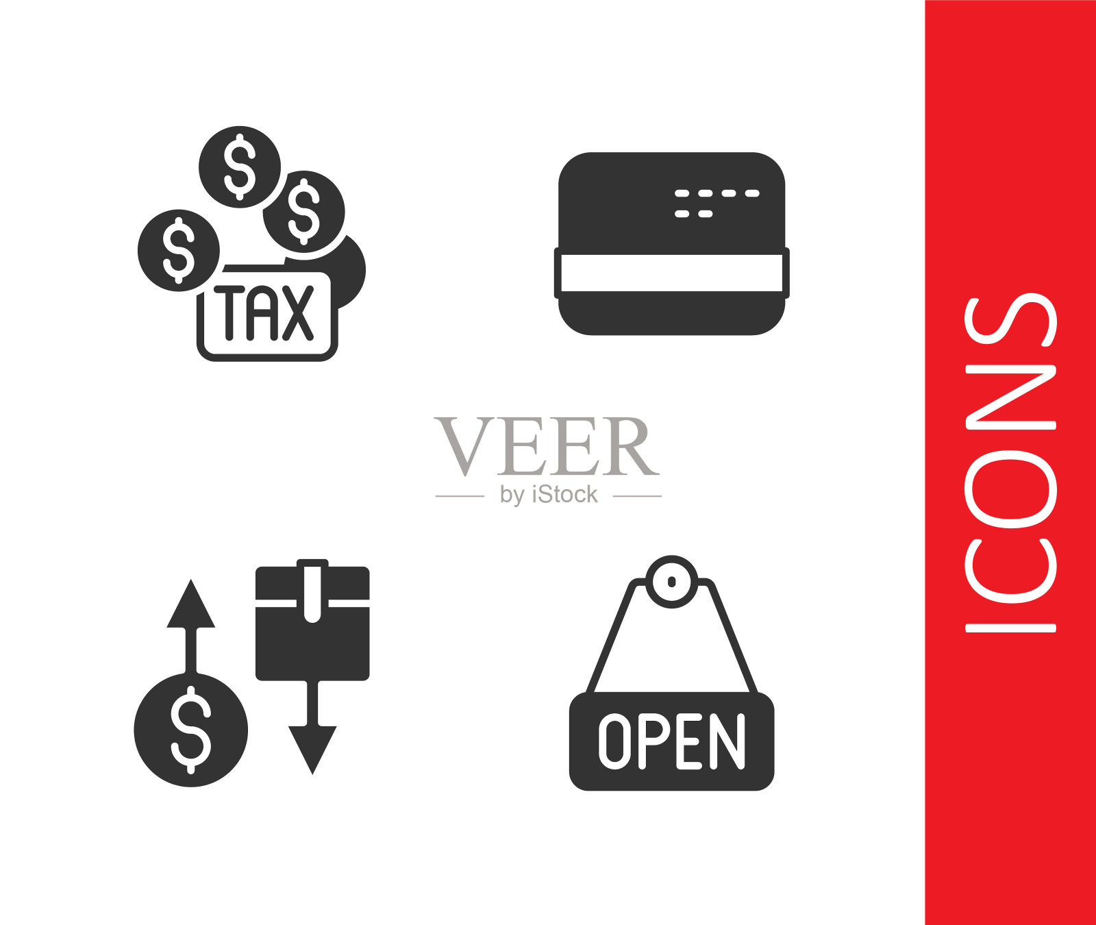 设置悬挂标志与文本打开，纳税，纸箱和信用图标。向量图标素材