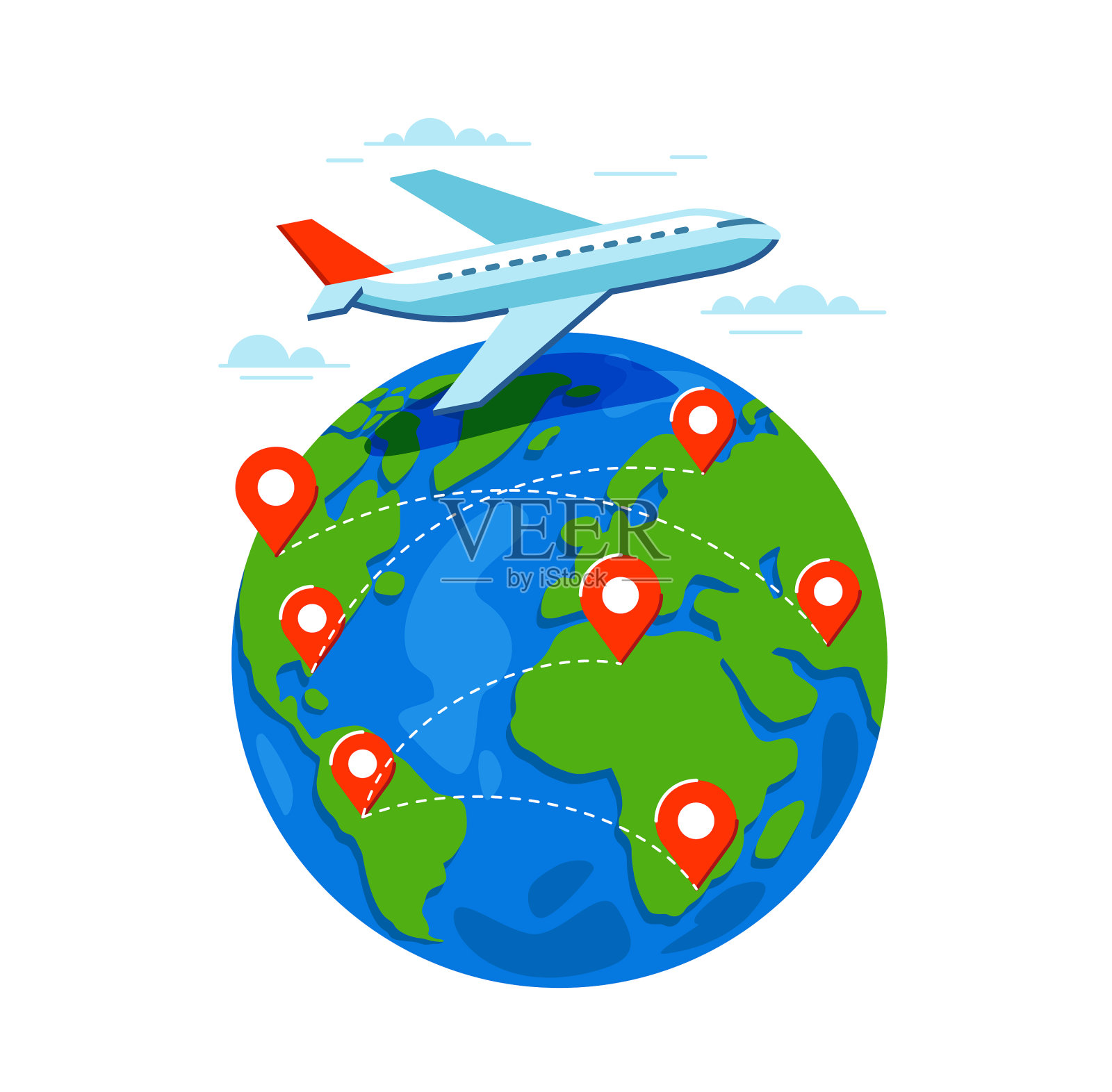 飞机飞地和别针旅行平面设计设计元素图片