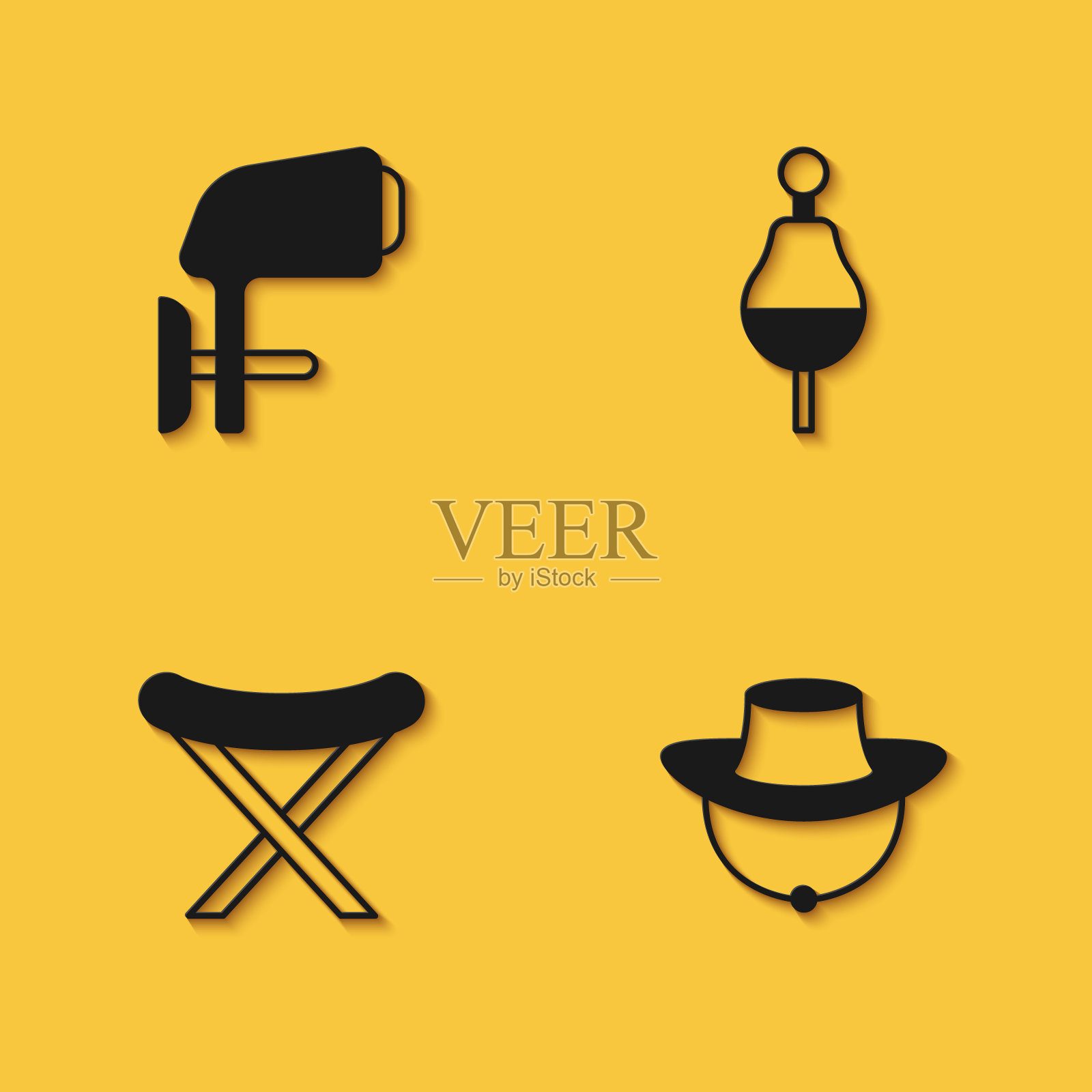 外挂艇马达，渔人帽，野营折叠椅，渔人浮标图标，长影子。向量图标素材