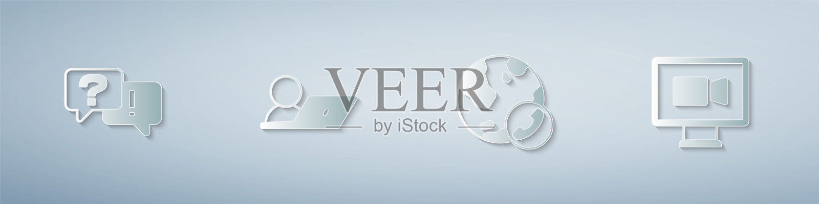 设置问答、视频聊天会议和。纸艺术风格。向量插画图片素材