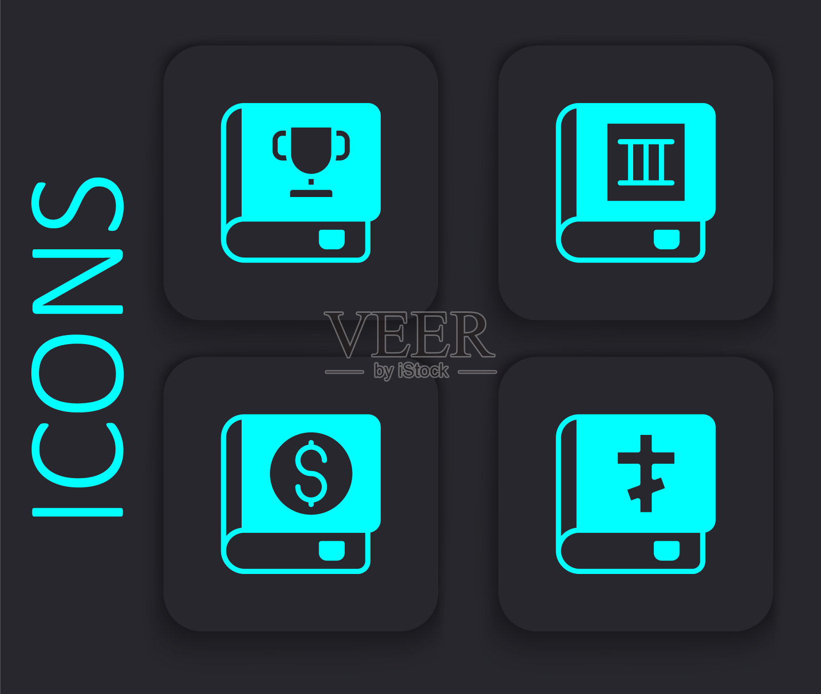 设置圣经书，书，和金融图标。黑色方形按钮。向量图标素材