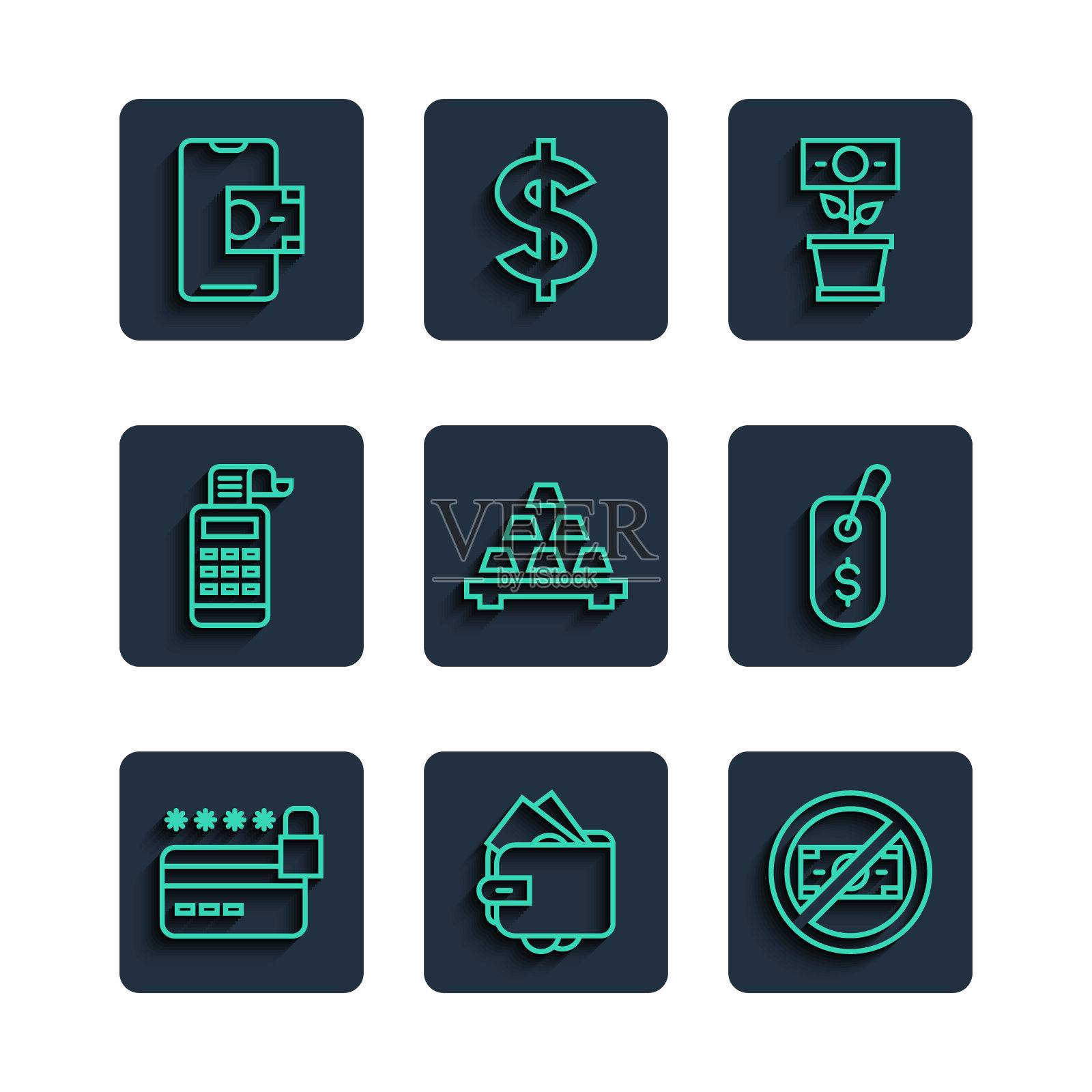 设置行信用卡与锁，钱包钱，不，花盆中的钱植物，金条，收银机，手机银行和价格标签美元图标。向量图标素材