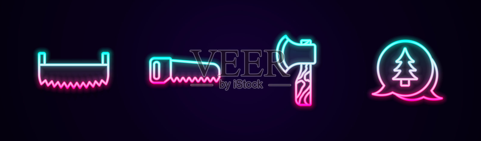 设置线双手锯，手，木斧头和树。发光的霓虹灯图标。向量插画图片素材