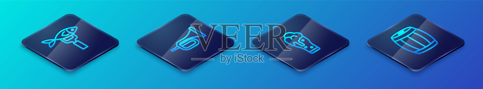 设置等距线玻璃啤酒，干鱼，木桶和小号图标。向量插画图片素材