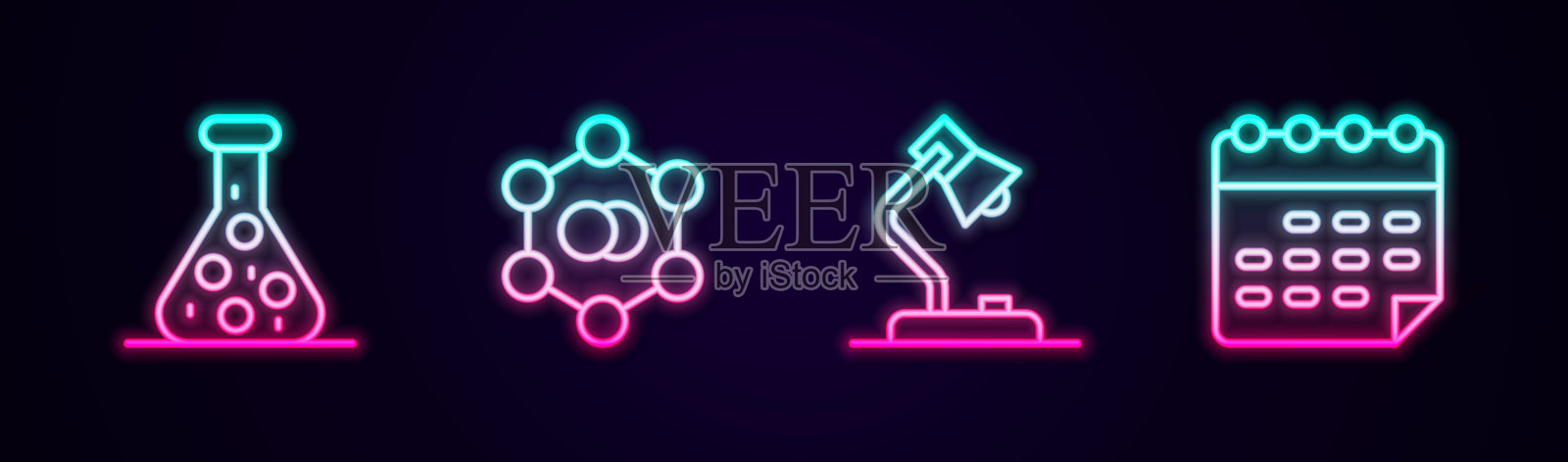 设置试管，分子，台灯，课程表。发光的霓虹灯图标。向量图标素材