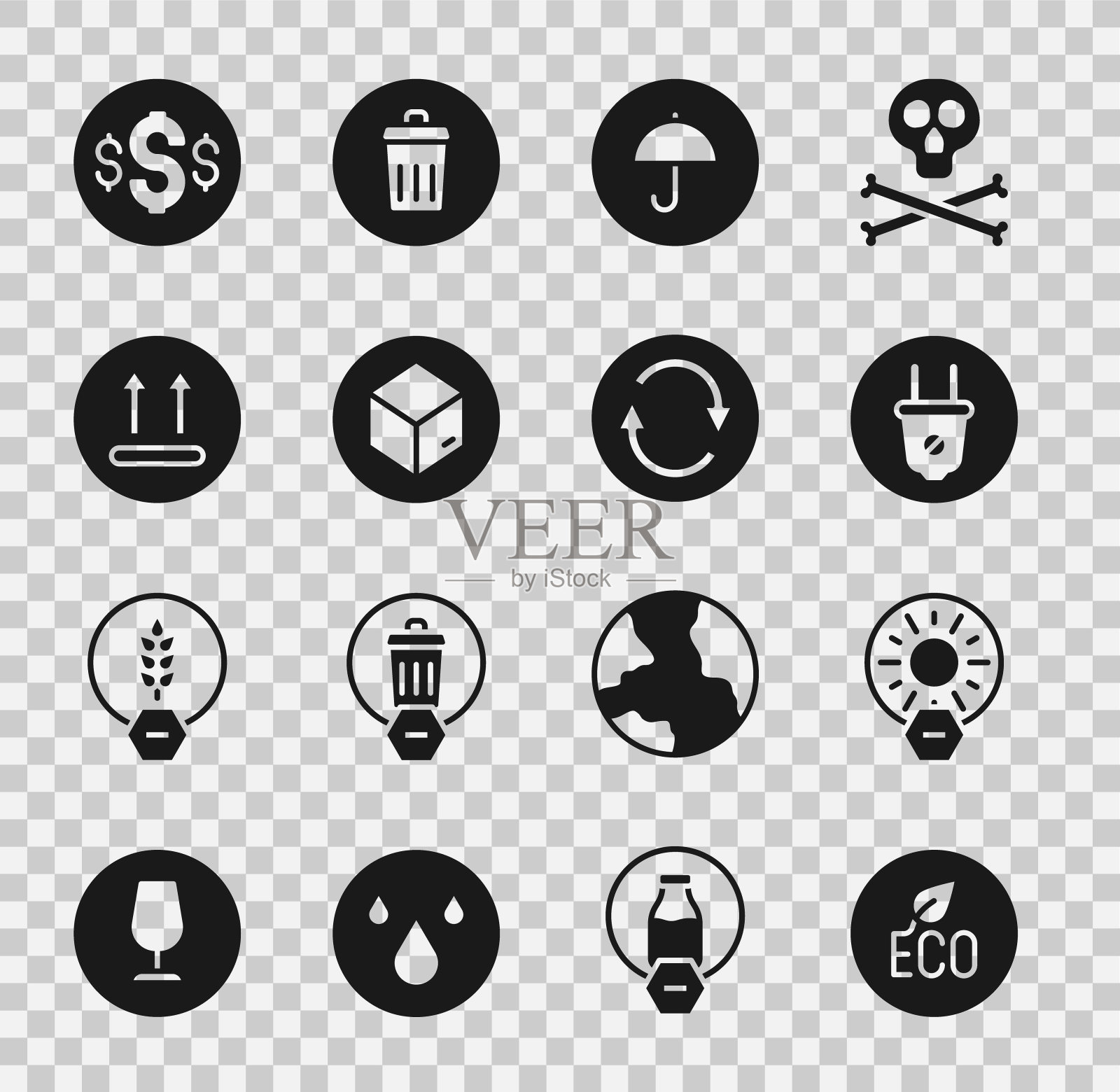 设置树叶生态标志，无阳光直射，电插头，送伞包裹，纸箱纸箱，温度洗涤，美元和回收图标。向量图标素材