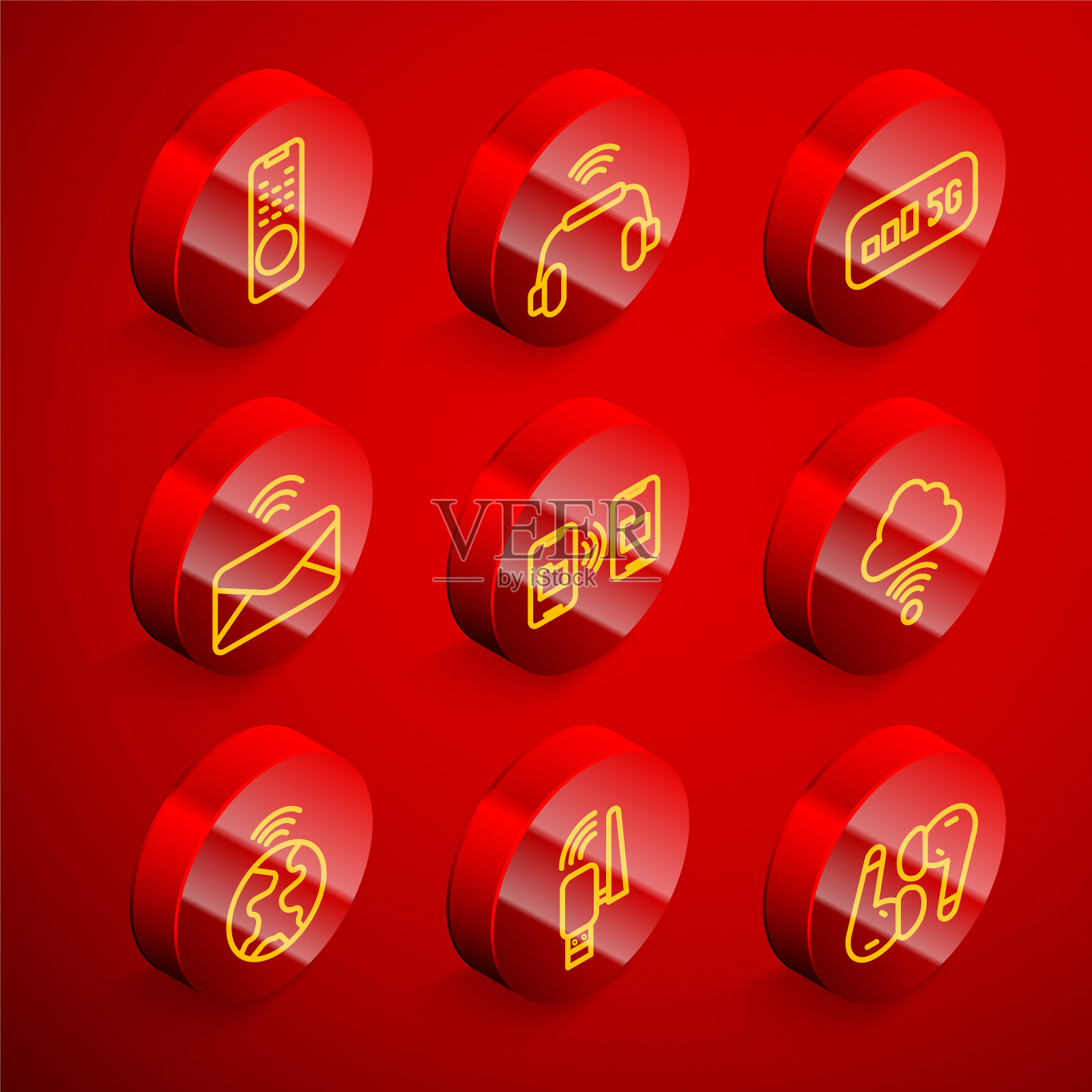 设置线路遥控器、智能耳机系统、5G无线互联网、邮件和电子邮件、数据传输存储、网络云连接、全球技术和Usb适配器图标。向量图标素材