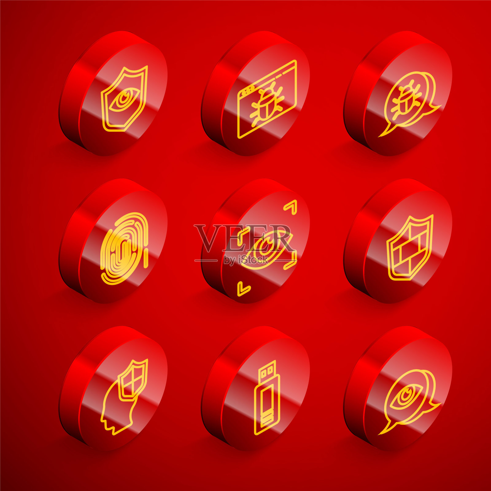 设置线盾和眼，系统bug，指纹，眼扫描，有砖墙，头盾和u盘图标。向量图标素材