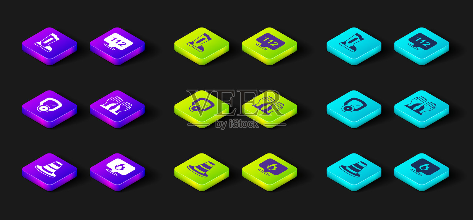 设置“交通锥”、“带火焰的位置”、“防毒面具”、“消防手套”、“紧急呼叫”和“靴子图标”。向量图标素材