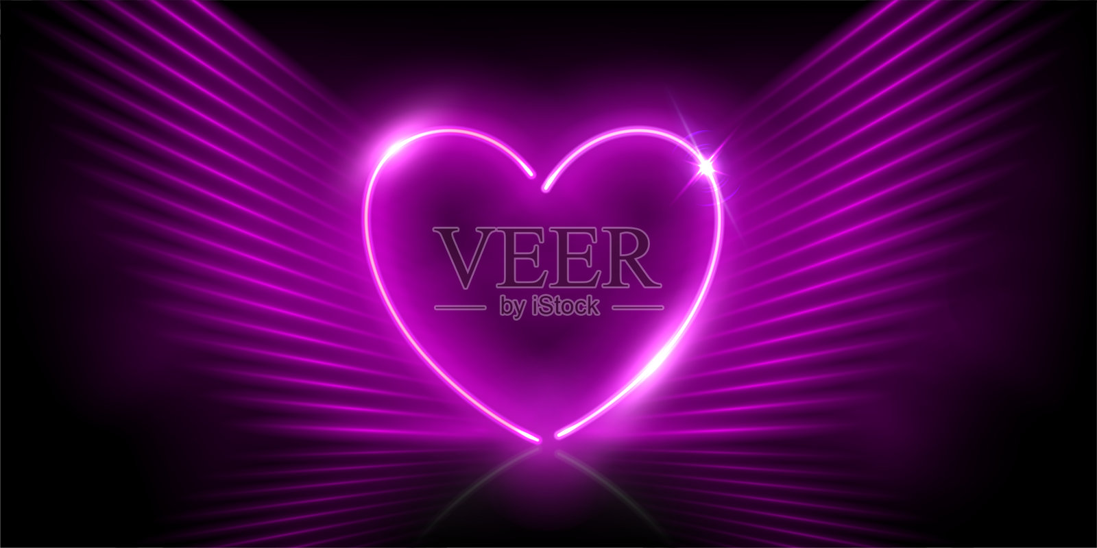 发光的霓虹紫色心与翅膀和火花在雾抽象背景。电灯框架。几何时尚设计矢量插图。空的最小抽象艺术装饰插画图片素材