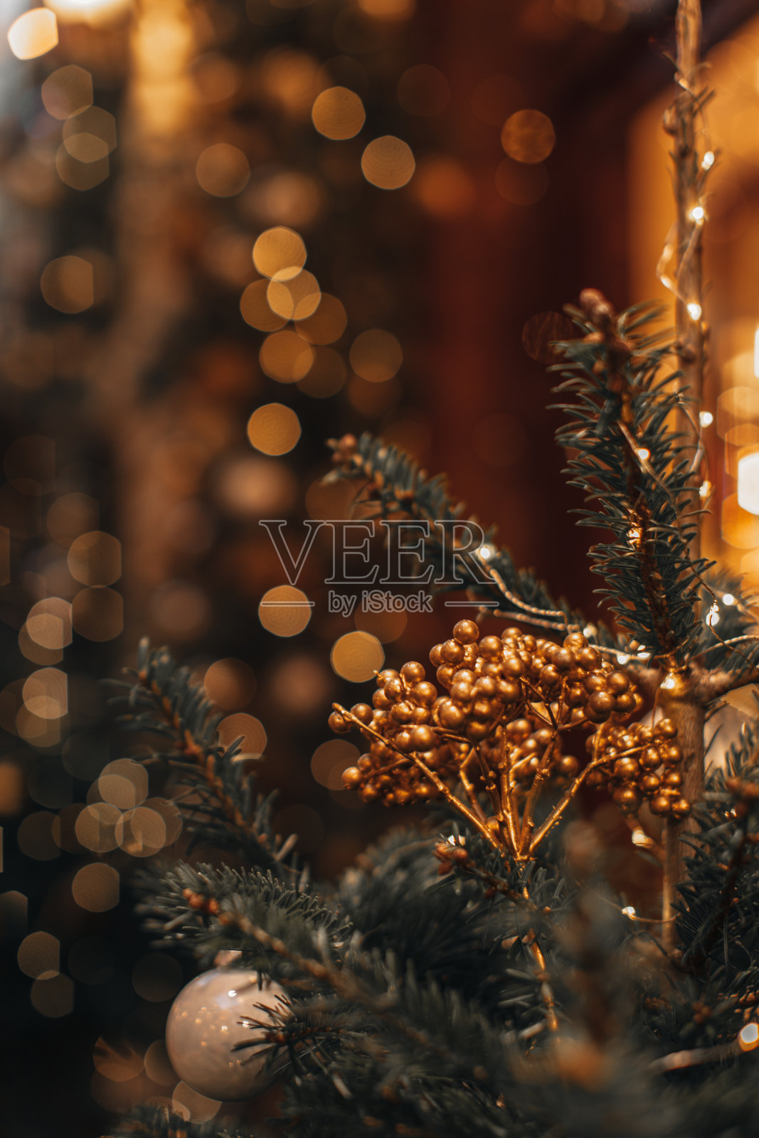 绿色的云杉树枝上装饰着一棵金色的植物和神奇的花环散景灯。照片摄影图片