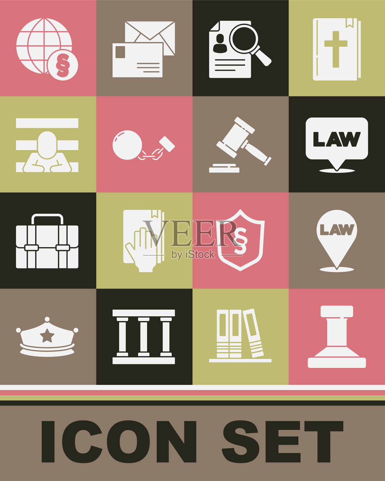 图章、地点法律、纸质分析放大镜、球链、囚犯、国际和法官木槌图标矢量素材图标素材