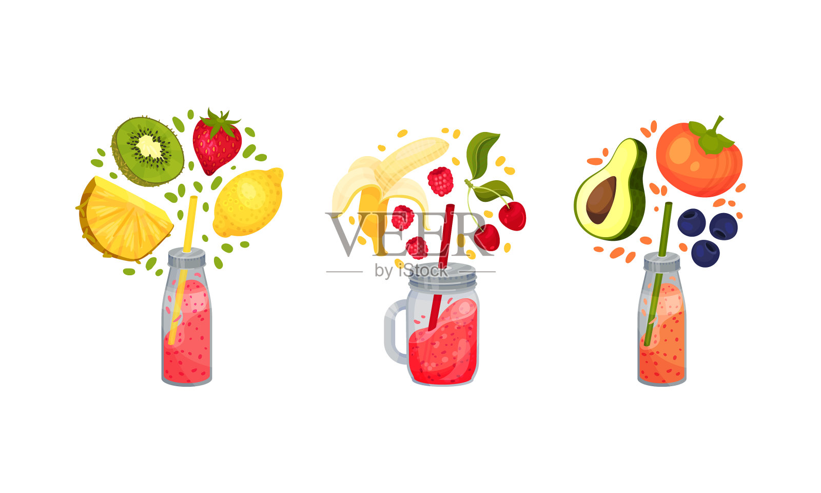 水果冰沙配柿子香蕉猕猴桃插画图片素材
