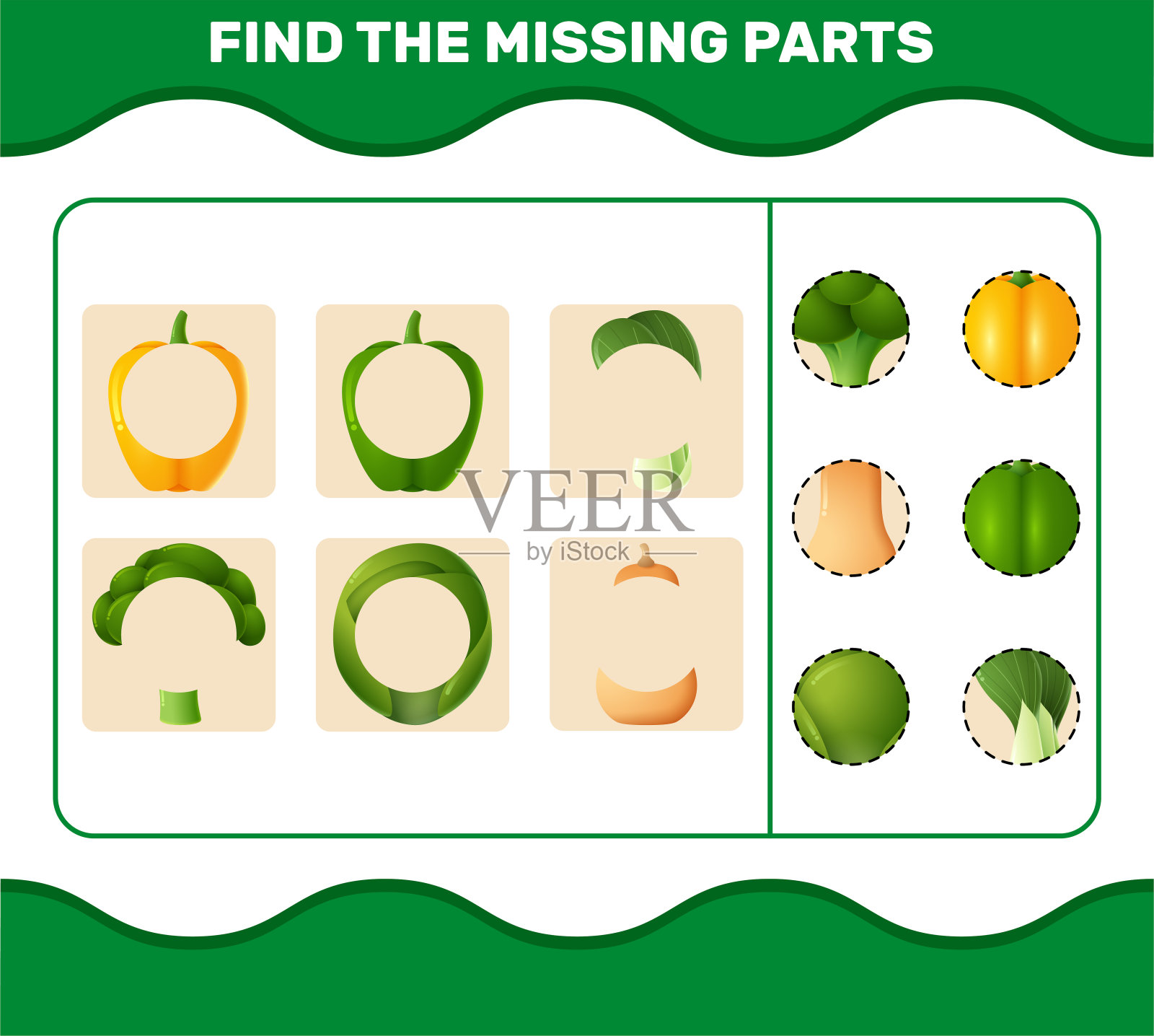 搭配卡通蔬菜部分。匹配的游戏。教育游戏为学龄前儿童和学步儿童插画图片素材