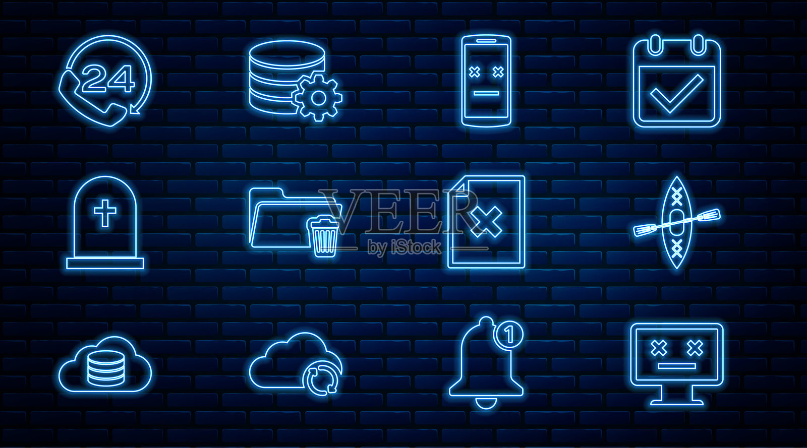 设置行死监视器，独木舟和划桨，移动，删除文件夹，墓碑与十字，电话24小时支持，文件文件和设置数据库服务器图标。向量图标素材