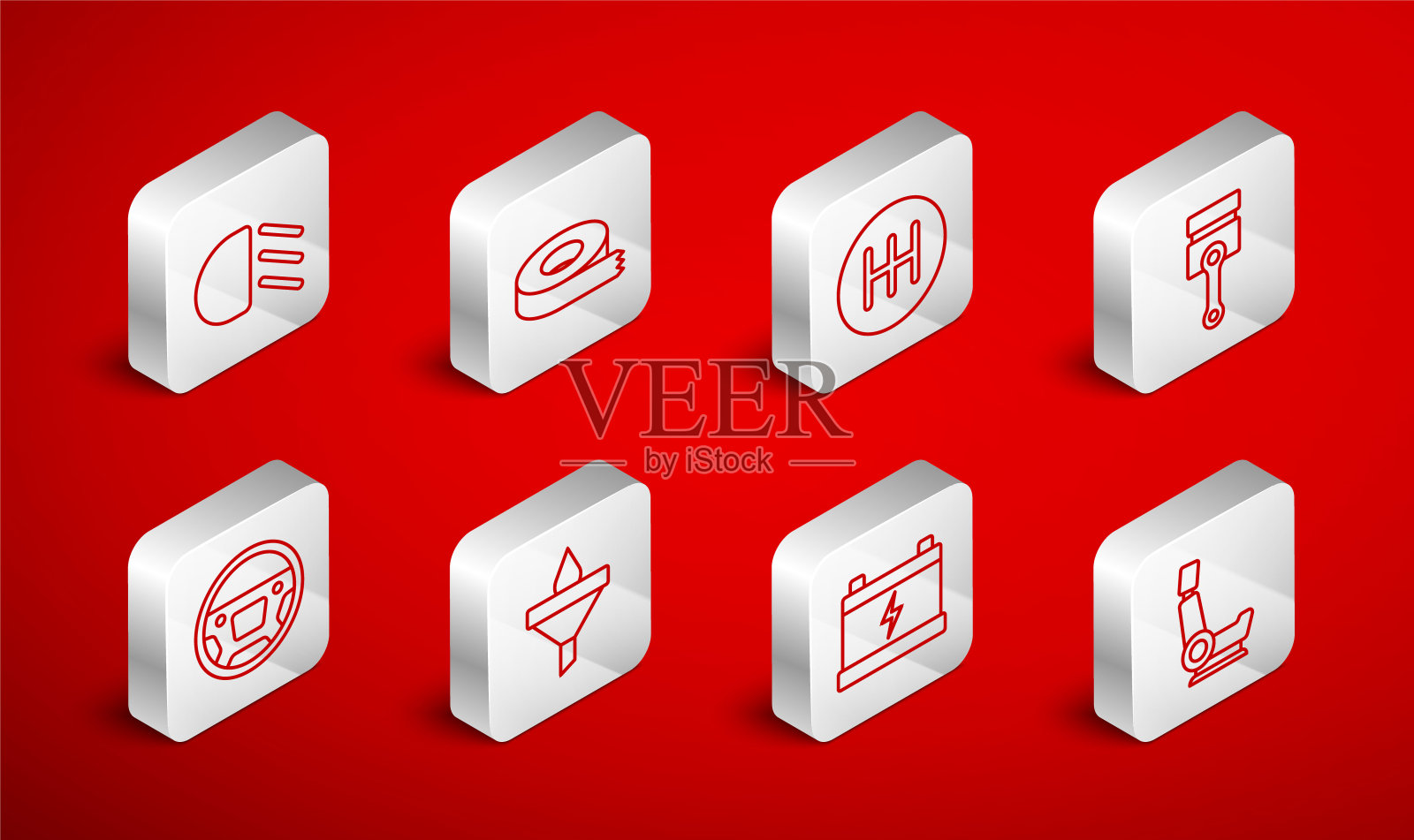 设置线汽车座椅，透明胶带，变速杆，发动机活塞，电池，远光灯，漏斗和油滴和方向盘图标。向量图标素材