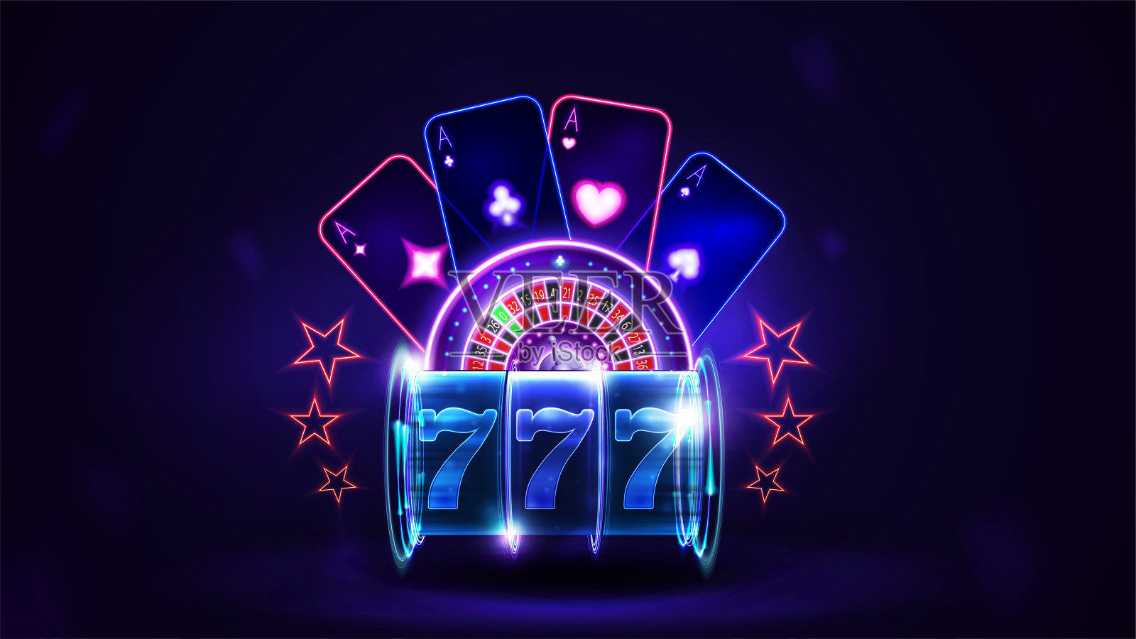 粉红色的霓虹灯赌场轮盘赌轮与打牌在黑暗的空场景插画图片素材