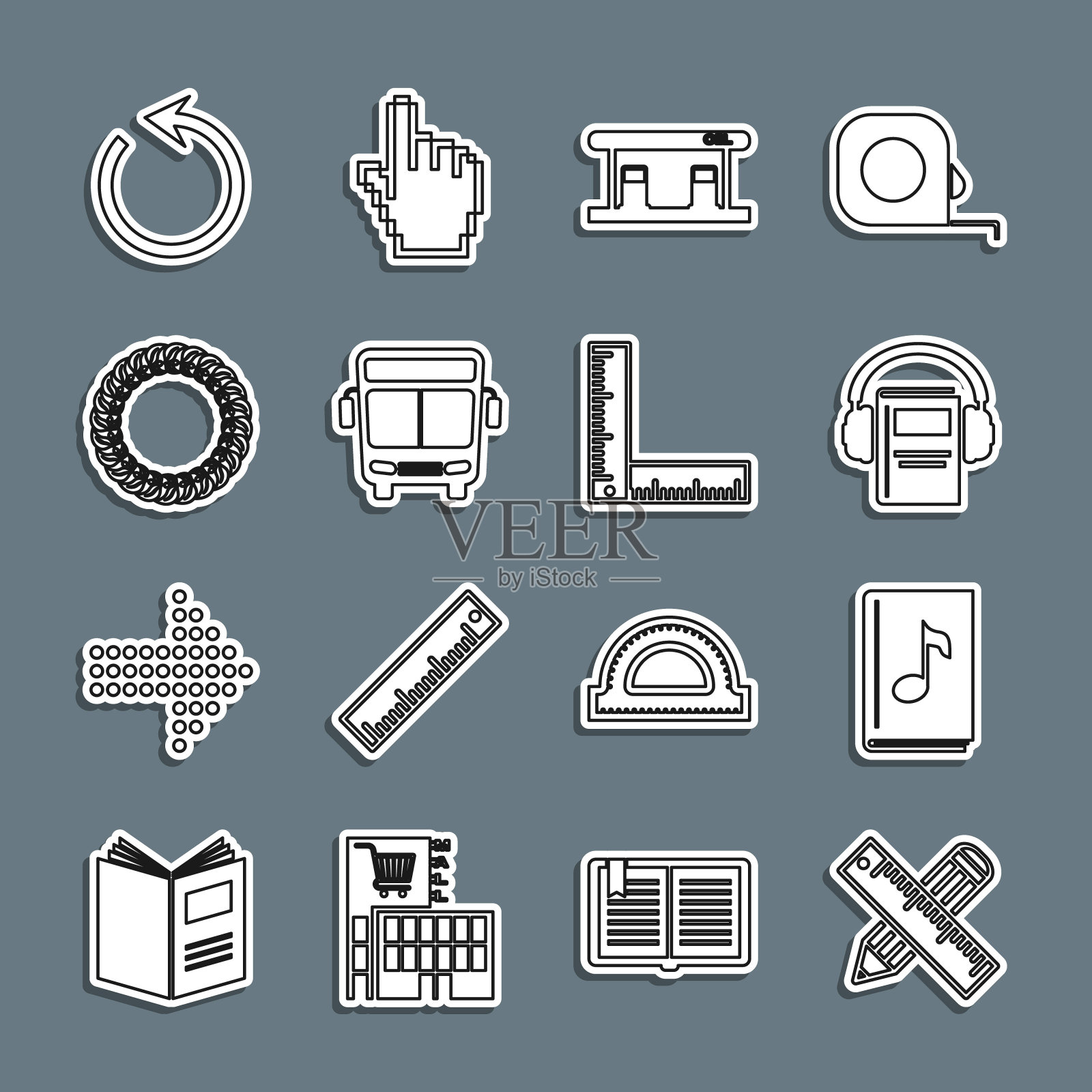 设置线交叉尺和铅笔，音频书，加油站，公共汽车，月桂花环，刷新和折叠图标。向量图标素材