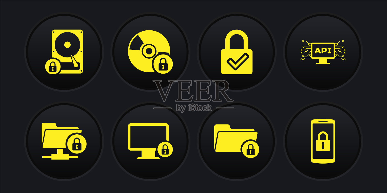 设置FTP文件夹和锁定，计算机api接口，锁定监视器，文件夹，检查标记和CD DVD光盘图标。向量图标素材