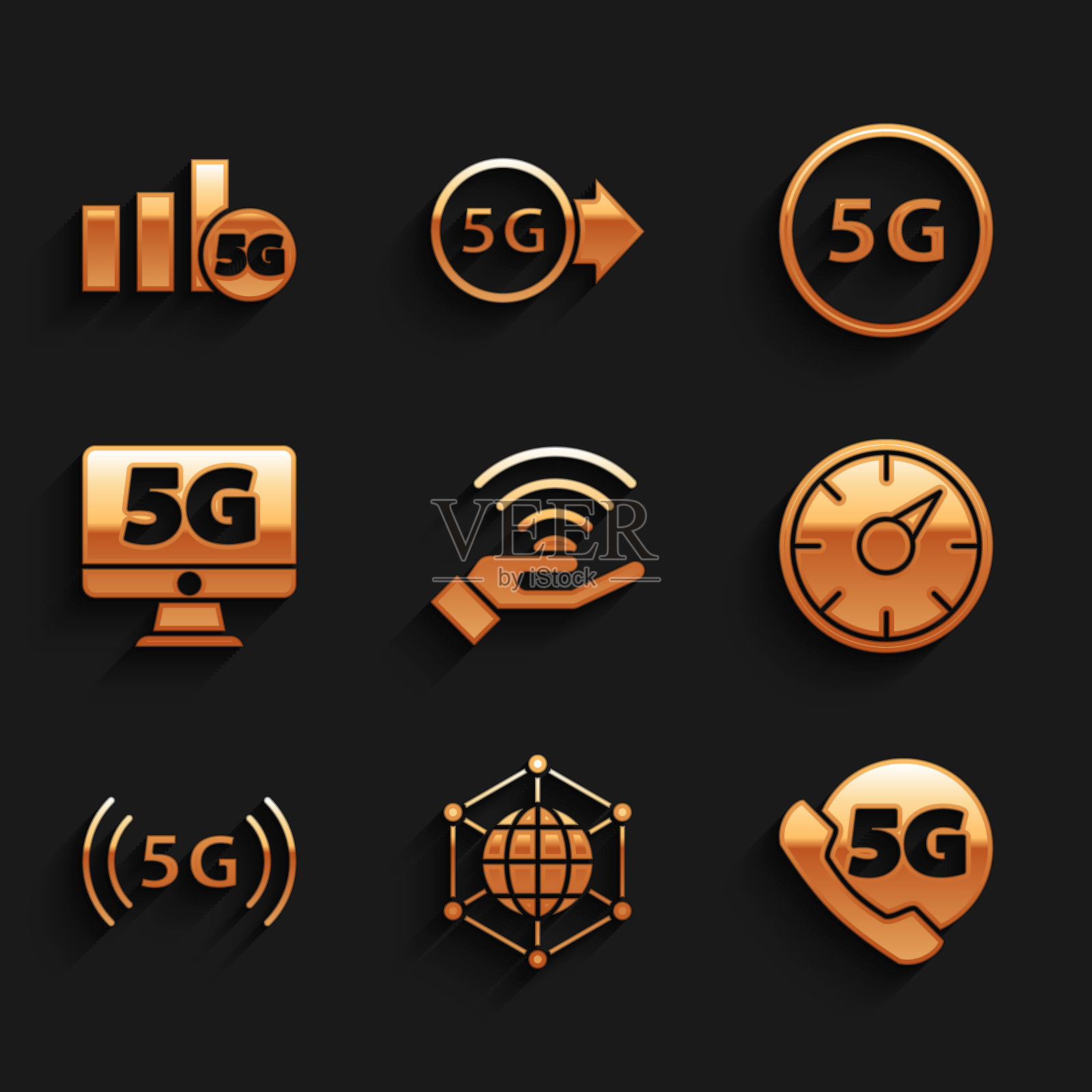 设置5G网络，社交，电话，数字测速仪，监视器和图标。向量图标素材