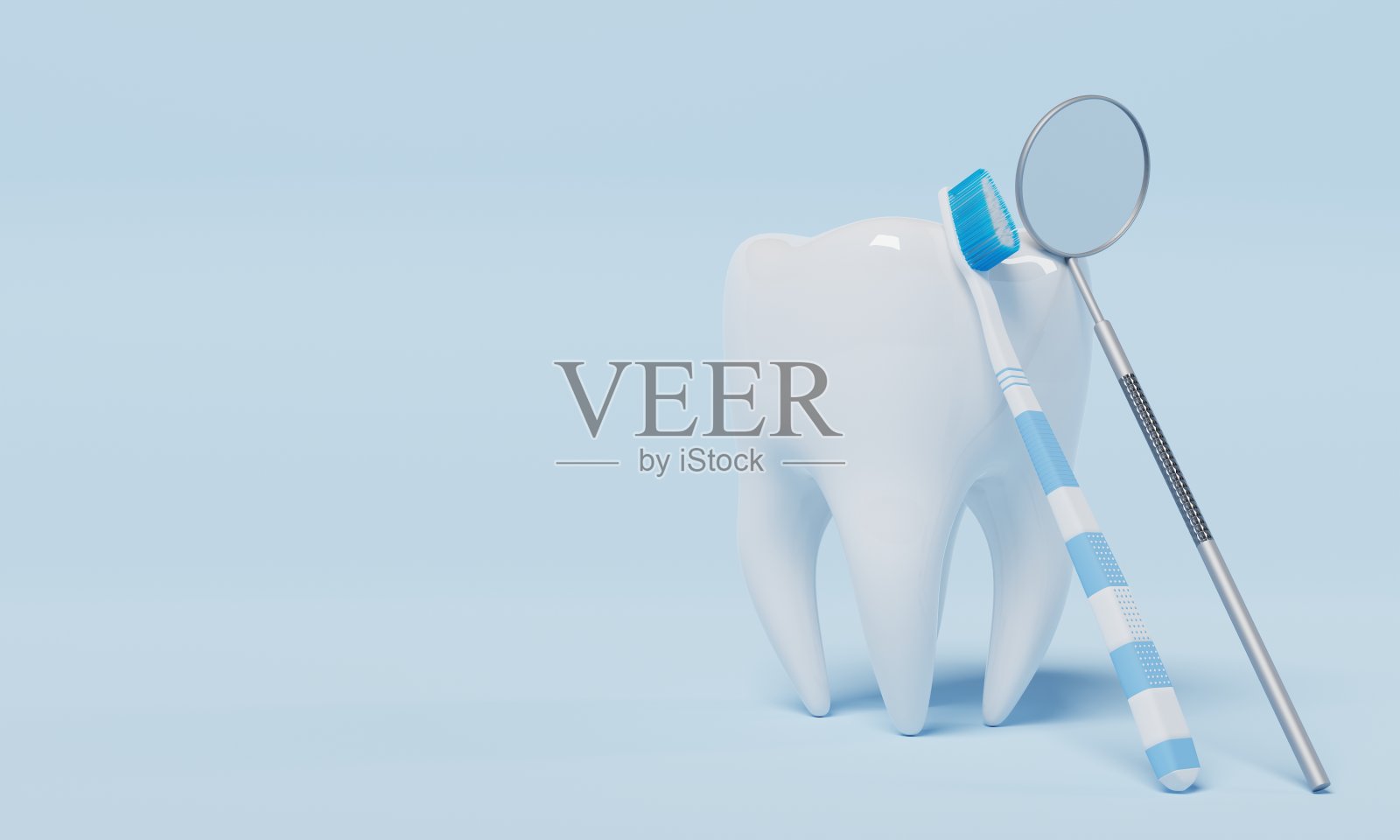 牙齿与牙齿检查镜蓝色背景。牙科保健理念。3 d演示呈现照片摄影图片