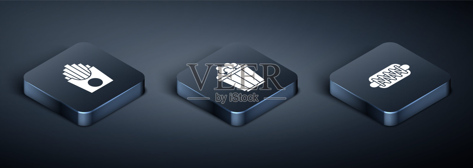 在盒子里设置等距土豆薯条，热狗三明治和爆米花图标。向量图标素材